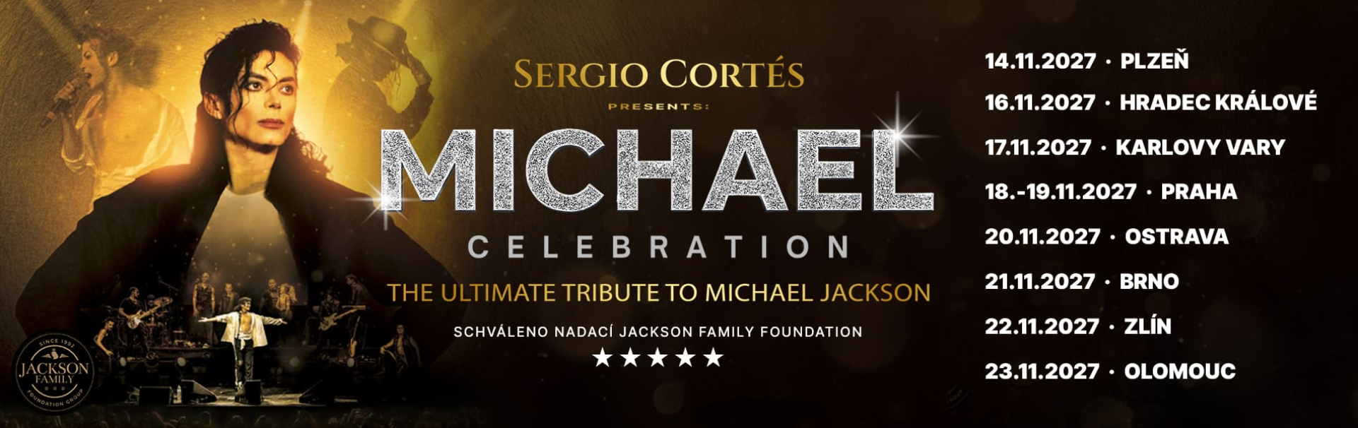 Sergio Cortés – Michael Jackson Celebration, koncertní turné Česká republika 2027. Koncerty v Praze, Brně, Ostravě, Hradci Králové, Karlových Varech, Plzni, Olomouci a Zlíně